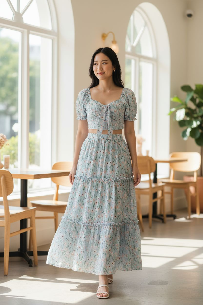 AGL S00018 Chiffon Set 2 Piece Blouse and Long Skirt